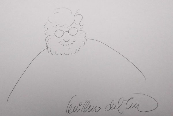 Cartoon sketch drawn and signed by Guillermo del Toro.