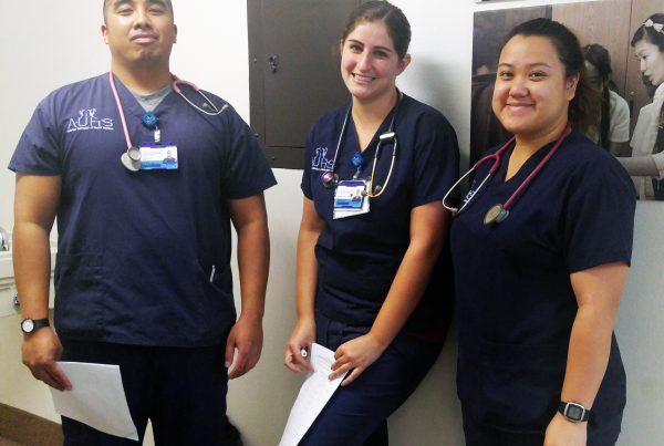 AUHS nursing students Ryan Albano, Brittany Harwick, and Kristine Barlis waiting for their turn in Boot Camp on Tuesday, March, 28, 2017.